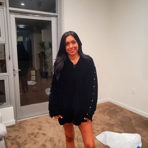 Womens 60's Hippie Style Black Velvet Shirt with Silver Detail Medium